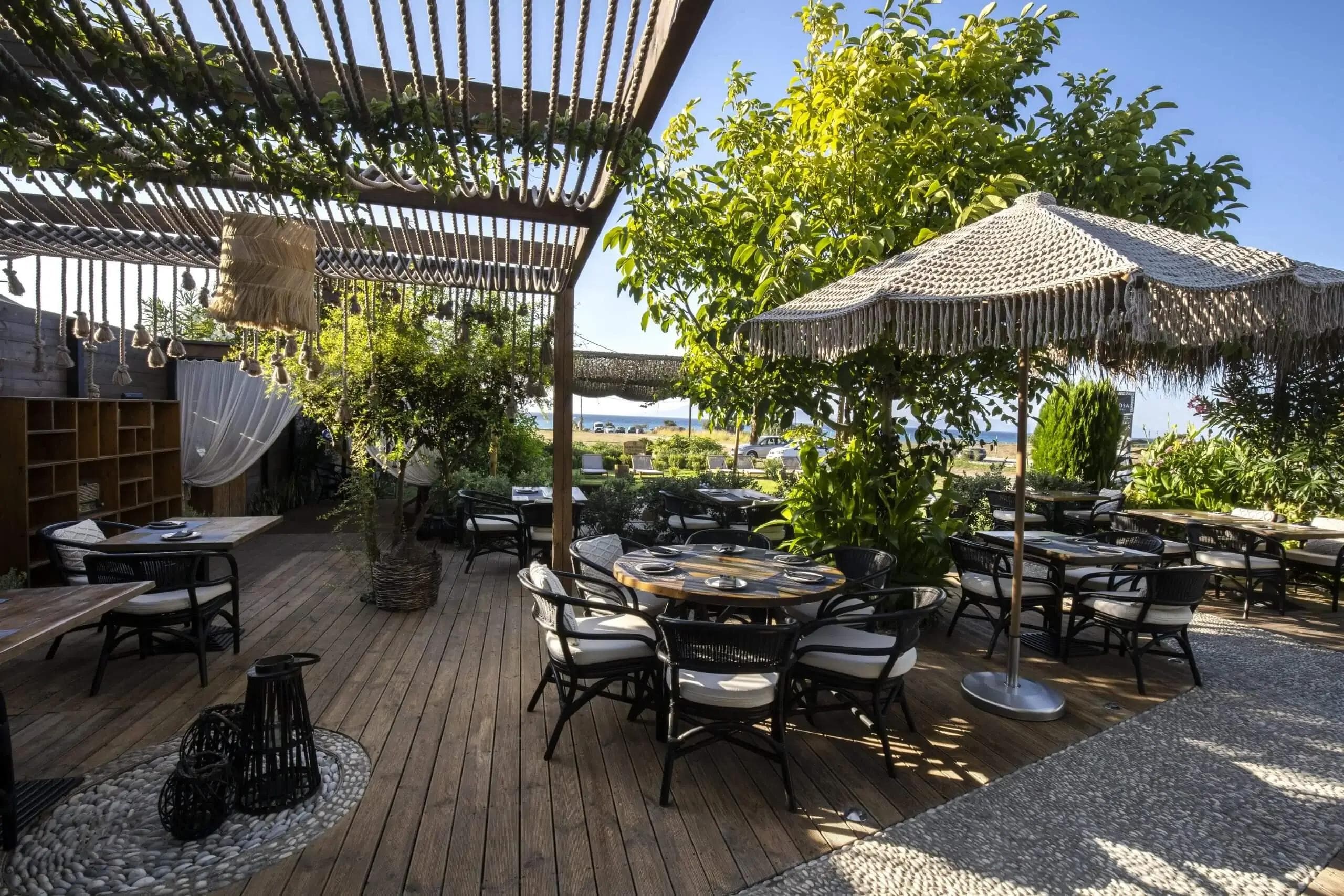 The garden terrace at Mariposa, Theologos, Rhodes, during breakfast service