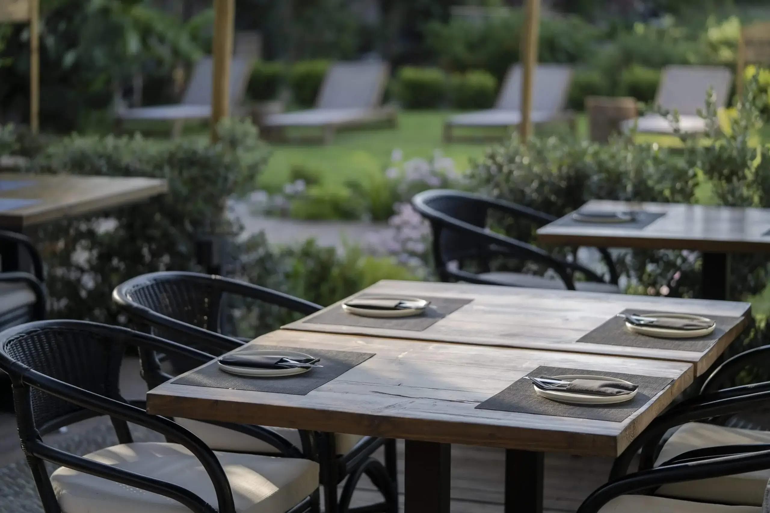 The garden terrace at Mariposa, Theologos, Rhodes, during lunch service
